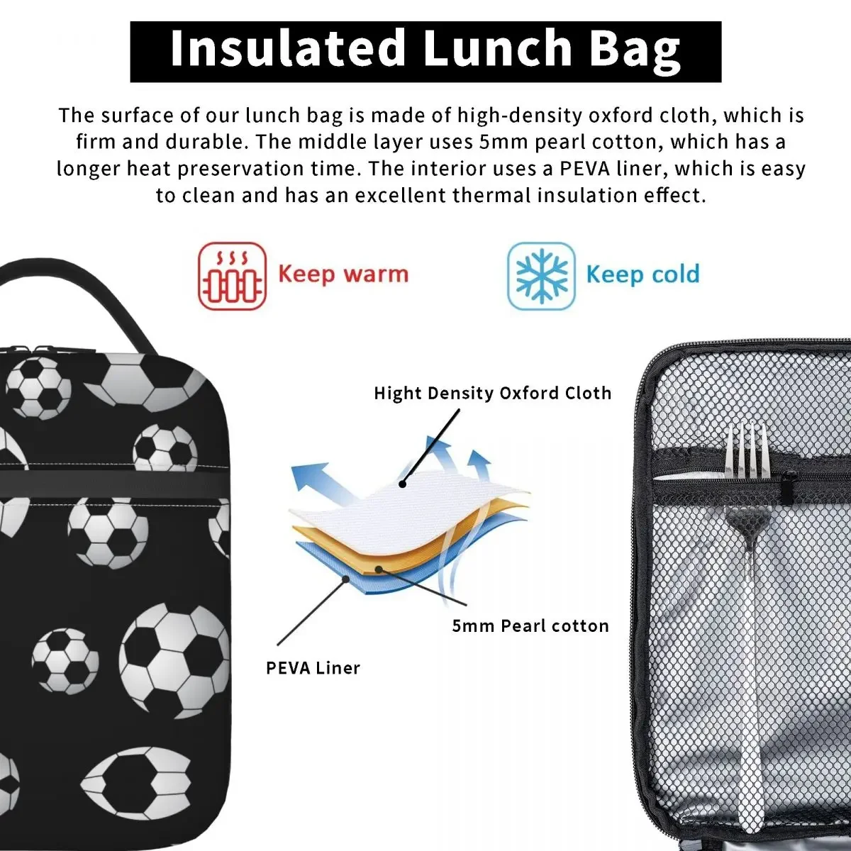 Soccer Pattern Insulated Lunch Bag Cooler Bag Meal Container Football Balls Sports Large Tote Lunch Box Food Bag College Picnic