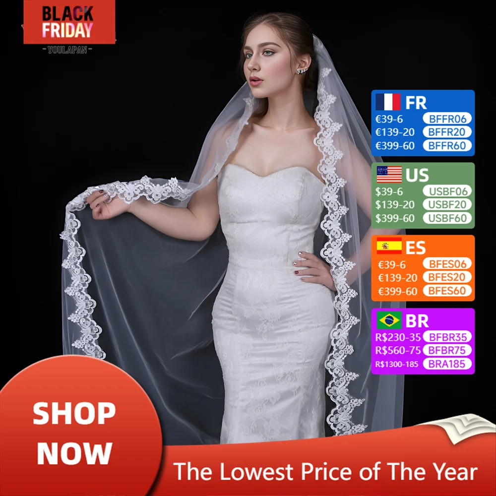 YouLaPan V110 Real Photo Bride Bride Veil Long with Comb Cathedral Length Lace Wedding Veil with Partial Trim Soft Single Tier