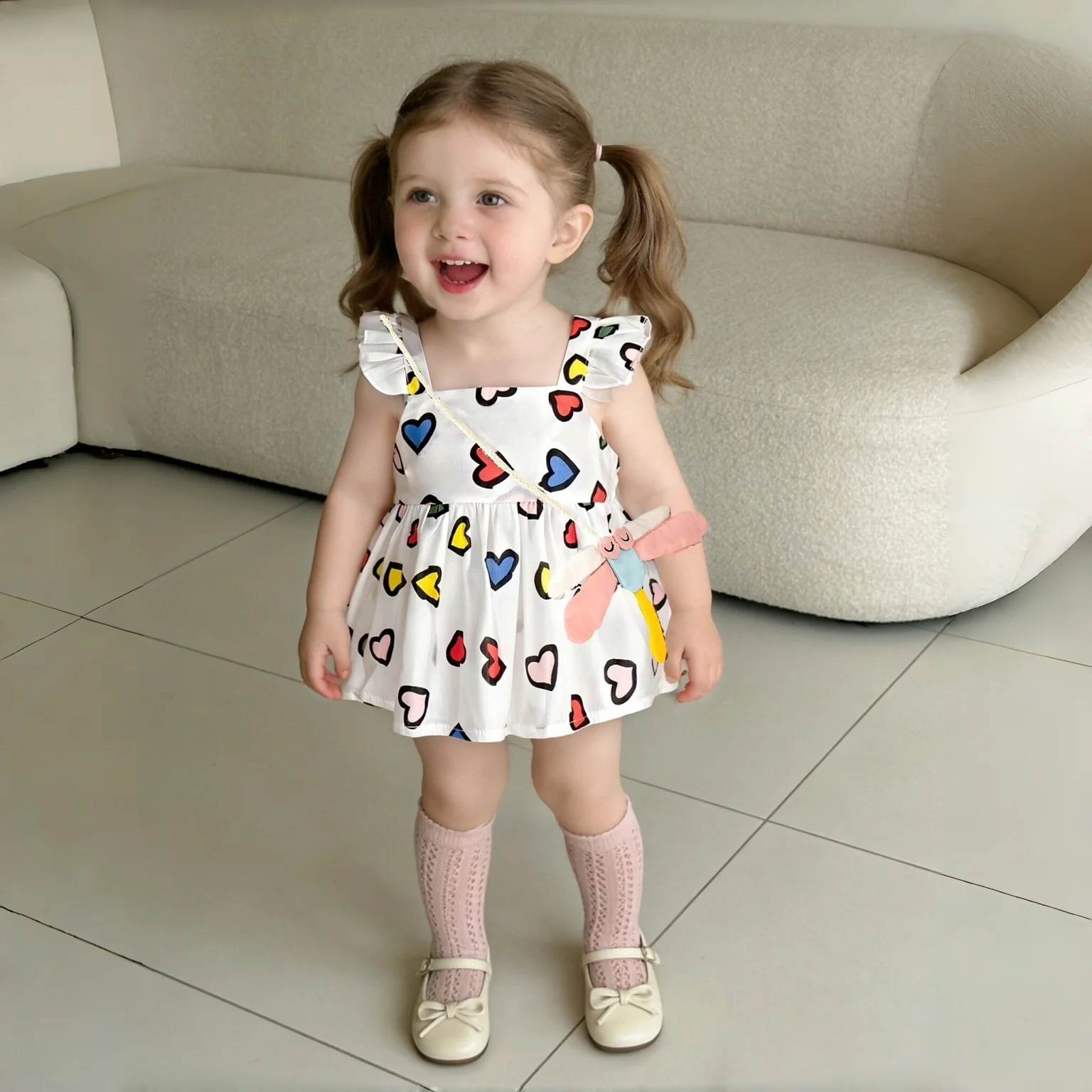 

Корейское платье для маленьких девочек, летнее, новое, с принтом в виде сердечек и украшением в виде стрекозы, повседневная одежда, детская одежда для детей от 9 месяцев до 3 лет