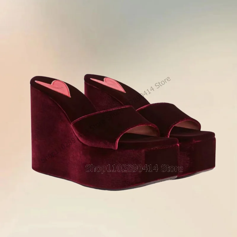 Blue Burgandy Corduroy Wedges Heel Platform Slippers Slip On Women Shoes Open Toe Novel Fashion Party 2023 Zapatos Para Mujere