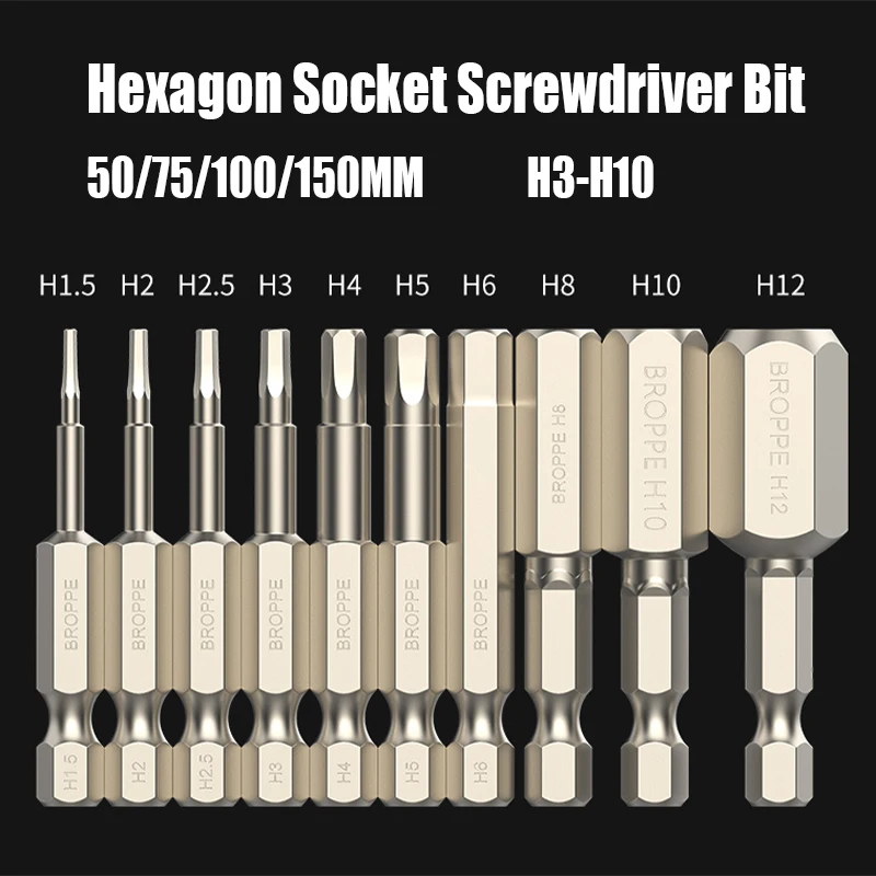 50/75/100/150MM H3-H10 Hexagon Socket Screwdriver Bit Magnetic Electric Batch Head High Hardness S2 Alloy Steel Screw Driver Bit
