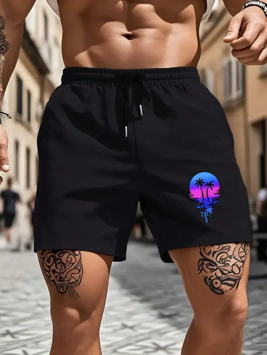 

Mens Black Casual Shorts With Palm Tree Sunset Graphic Print For Beach Streetwear