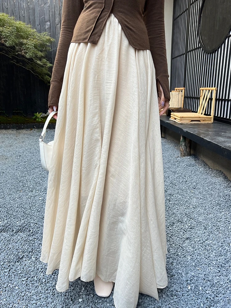 2026 Autumn New Irregular Linen Cotton Women High Waist A-line Maxi Skirt Unique Design Cold Tone Big Swing Long Skirts