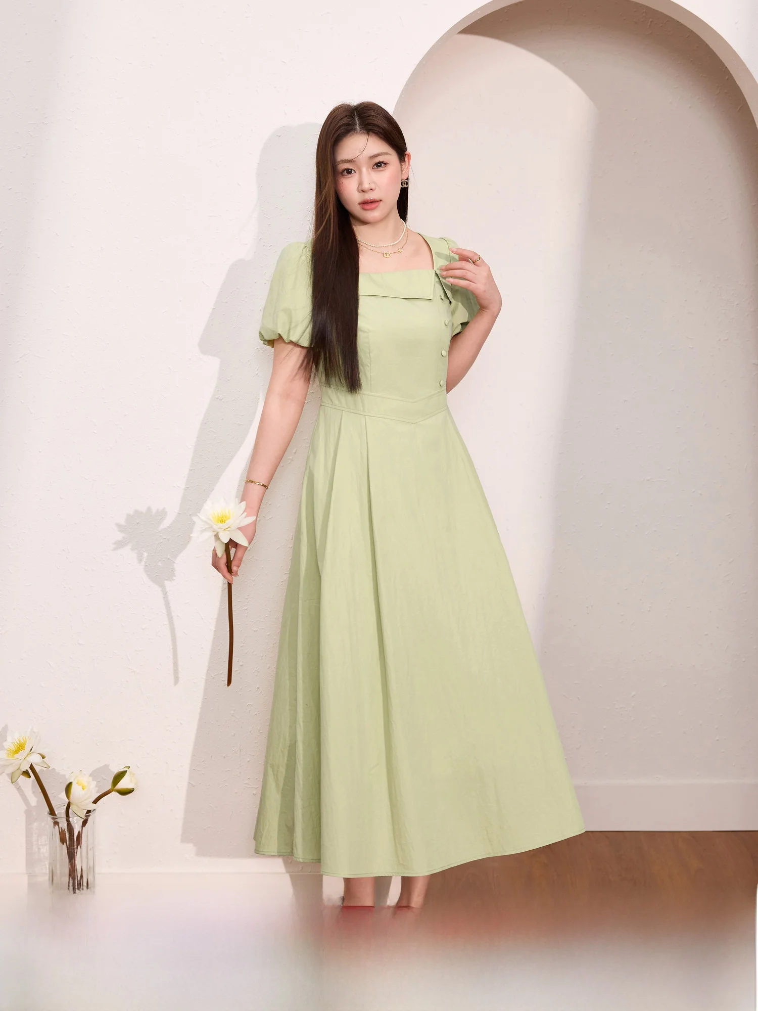 

Blue Language plus Size Women's Dr Beautiful Bubble Sve Waist Cinched Slimming Long Summer New Sle A-Line Dr