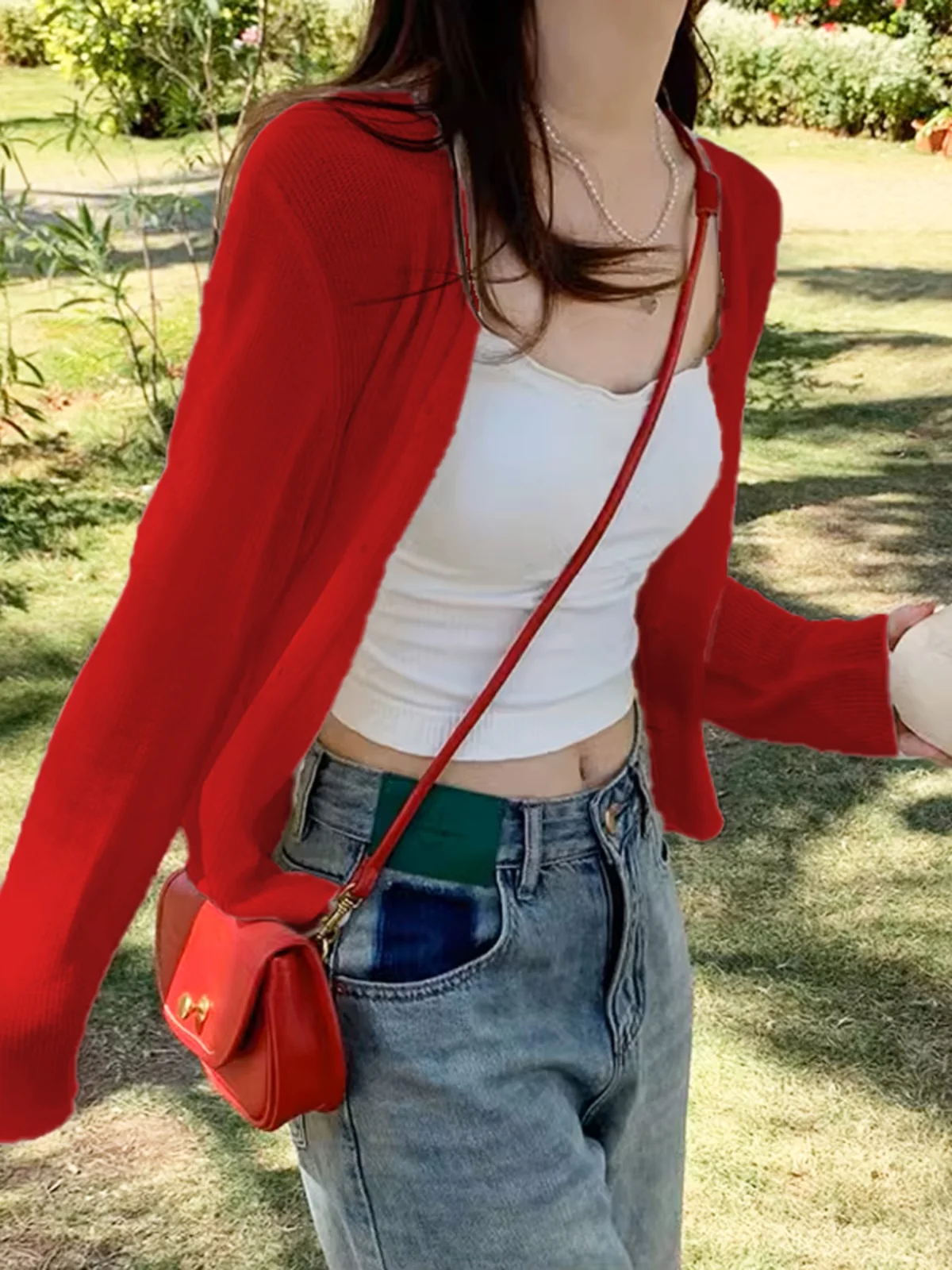 

Red Ice Silk Knitted Sun Protection Cardigan Women Summer Thin Shoulder Shawl Outer Matching Strap Thin Veil Cover up Top