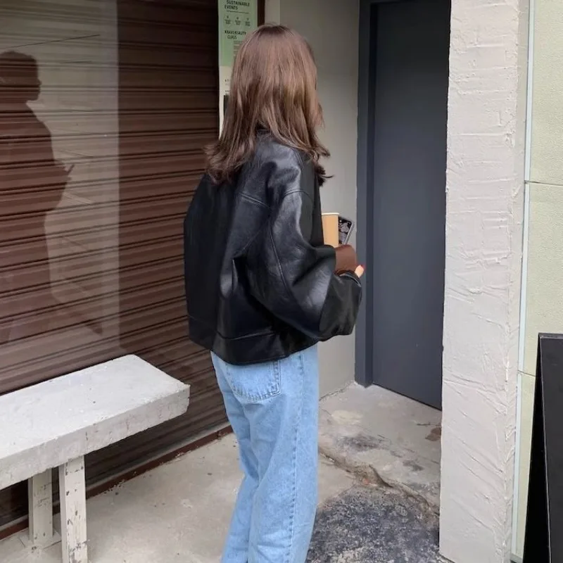 Classic Lapel Collar Pu Leather Jacket Women Outerwear Korean Chic Zipper Overcoat Retro Windbreaker Jackets Streetwear