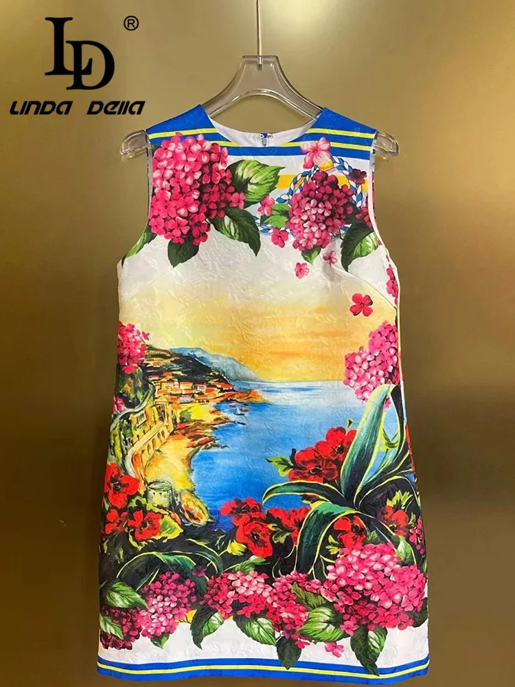 LD LINDA DELLA Summer Women\'s Dress Sleeveless Jacquard  Elegant Romantic Print Pretty Slim-Fit Hip Wrap Casual Holiday Dresses