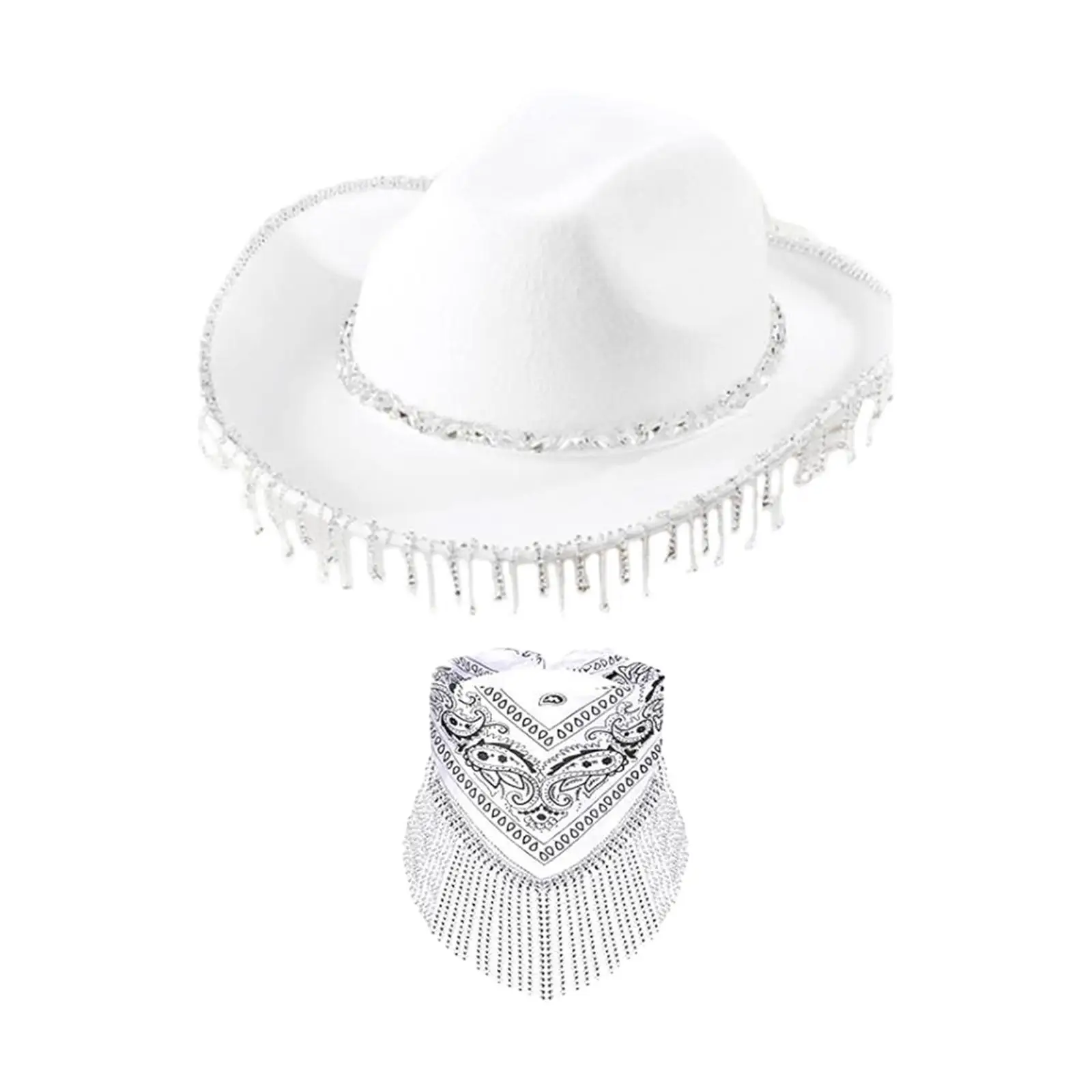 Felt Cowgirl Hat Glitter Rhinestone Fringe Cowboy Hat with Fringed Bandana Bling Tassels Halloween Cosplay Costumes Props