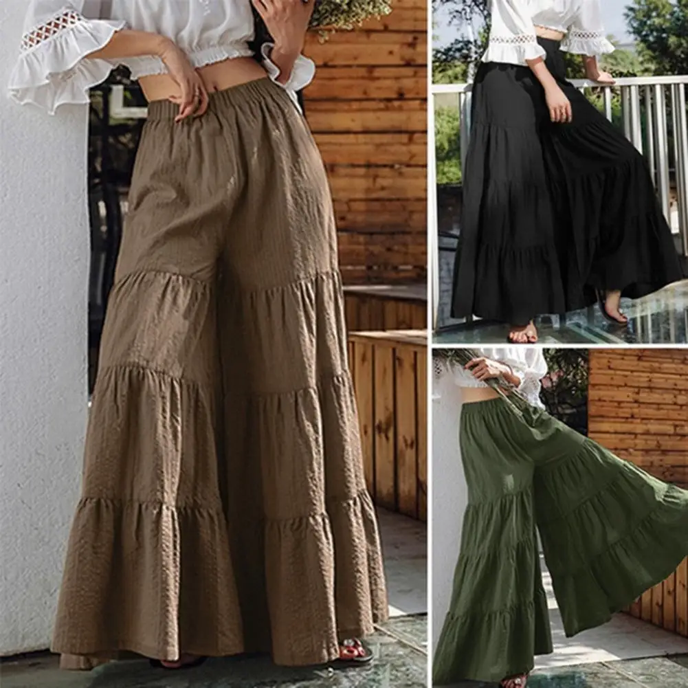 Pantalones de pierna ancha para mujer, falda en capas, pantalones coloridos, falda Vintage, longitud hasta el tobillo, Color puro