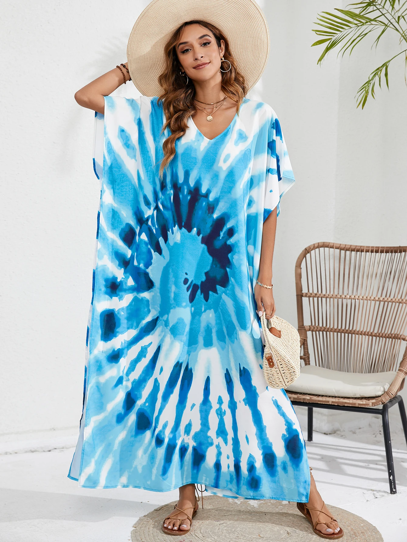 Damska sukienka z dekoltem w stylu Boho Plus Size Tie Dye z rękaw w kształcie skrzydła nietoperza dekoltem w szpic