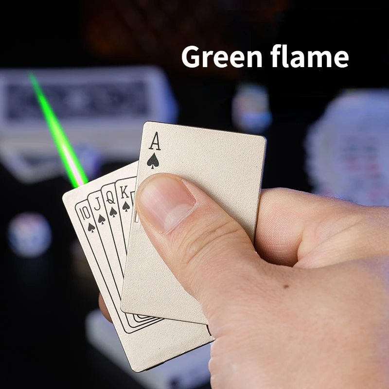 Creative Playing Card Green Flame Lighter Windproof Outdoor Cigar Lighter Unusual Straight Butane Gas Fuel lighter Smoker Gift