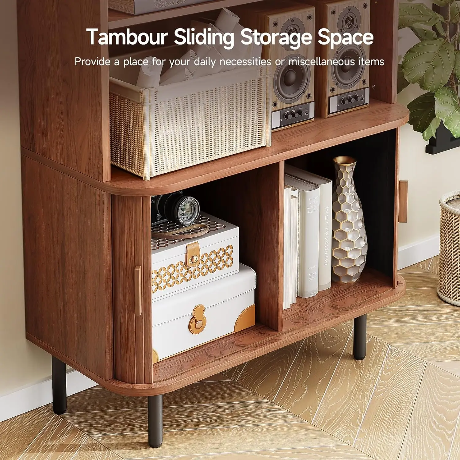 71" Tall Bookshelf, 4-Tier Bookcase with Storage Cabinet & Adjustable Storage Shelves, Sliding Door and Adjustable Footpad