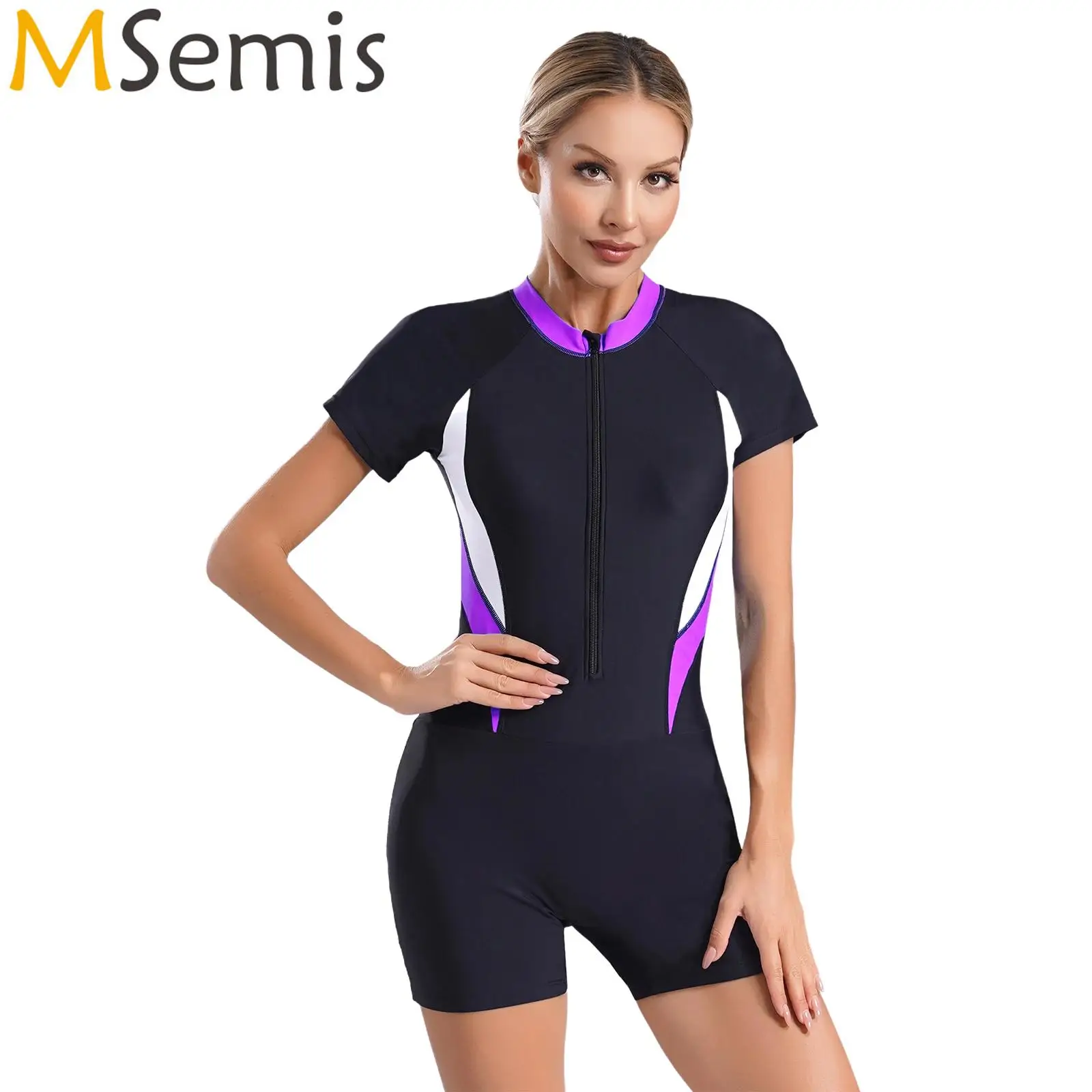 

Womens Athletic Swimsuit One Piece Short Sleeve Boyleg Bottom Zipper Surfing Wetsuit Swimwear UPF 50+ Rash Guard Bathing Suit