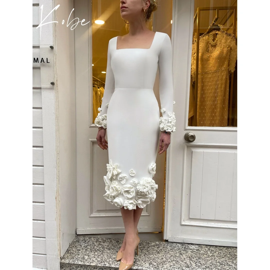

Kobe White Square Collar Prom Dresses Sleeveless 3D Flower Customized فساتين سهراتTra-length Chic vestido de gala noche mujer