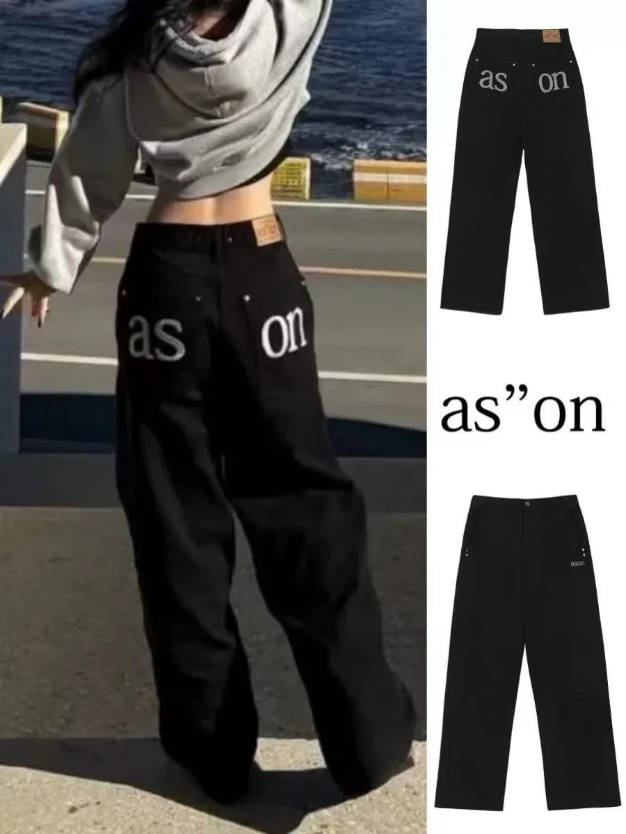 

Корейские джинсы с высокой талией и широкими штанинами, с вышивкой и надписями, повседневные прямые хлопковые брюки для женщин