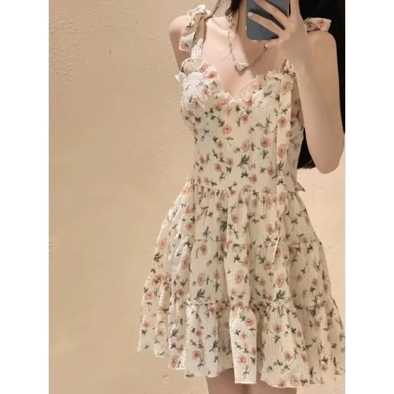 

Summer New Floral Halter Dresses Women's Clothing Korean Fashion Mini Dressfor Women Beach Skirt Short Dress Y2k Vestidos