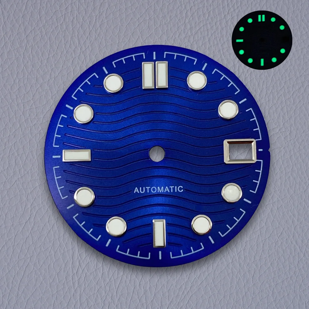28.5mm S 로고 다이얼 NH35/NH36/4R/7S 일본 무브먼트 녹색 빛나는 고품질 다이얼 시계 수정 액세서리
