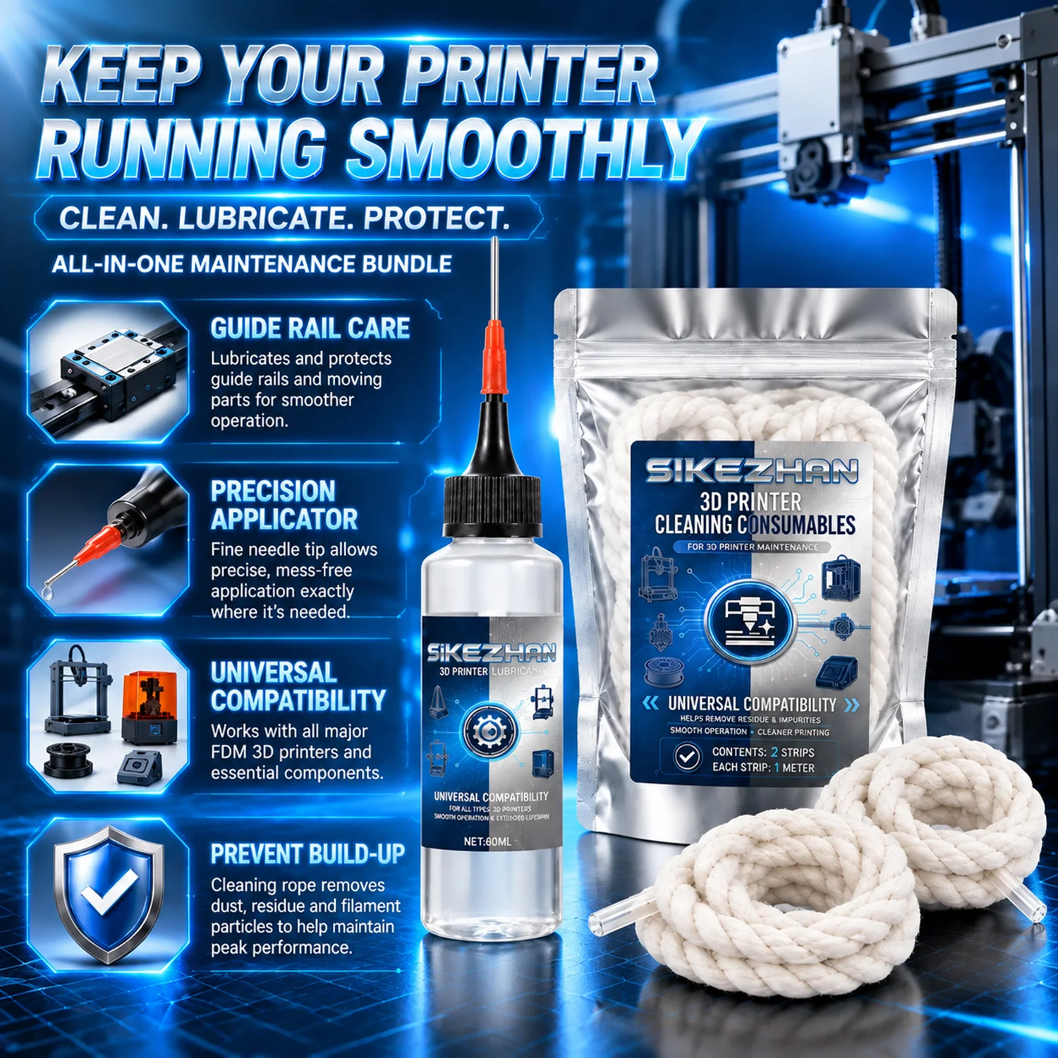 SIKEZHAN 3D Printer Maintenance Oil & Braided Cleaning Rope Set, Smooth Lubrication & Residue Removal for Rails Screws Nozzles