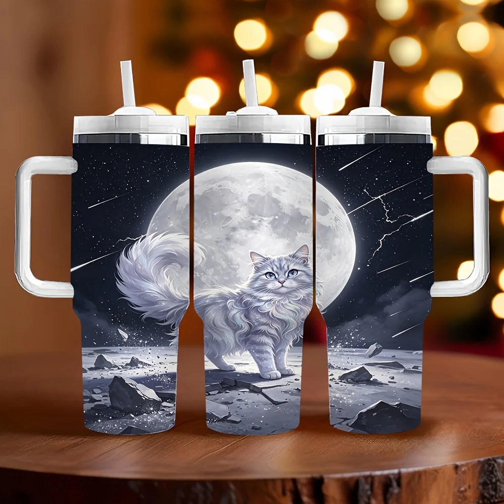 Cute Fluffy Cat Under Bright Full Moon with Falling Meteors Printed Travel Tumbler with Handle And Drinking Straw