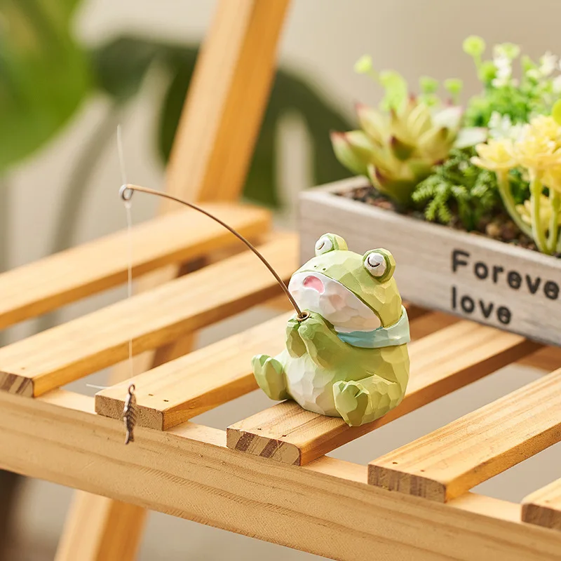 Cardboard Resin Animal Fishing Figurine. Display Piece For Desk Or Office. Cute Decoration. Bear, Frog And Cat Statues