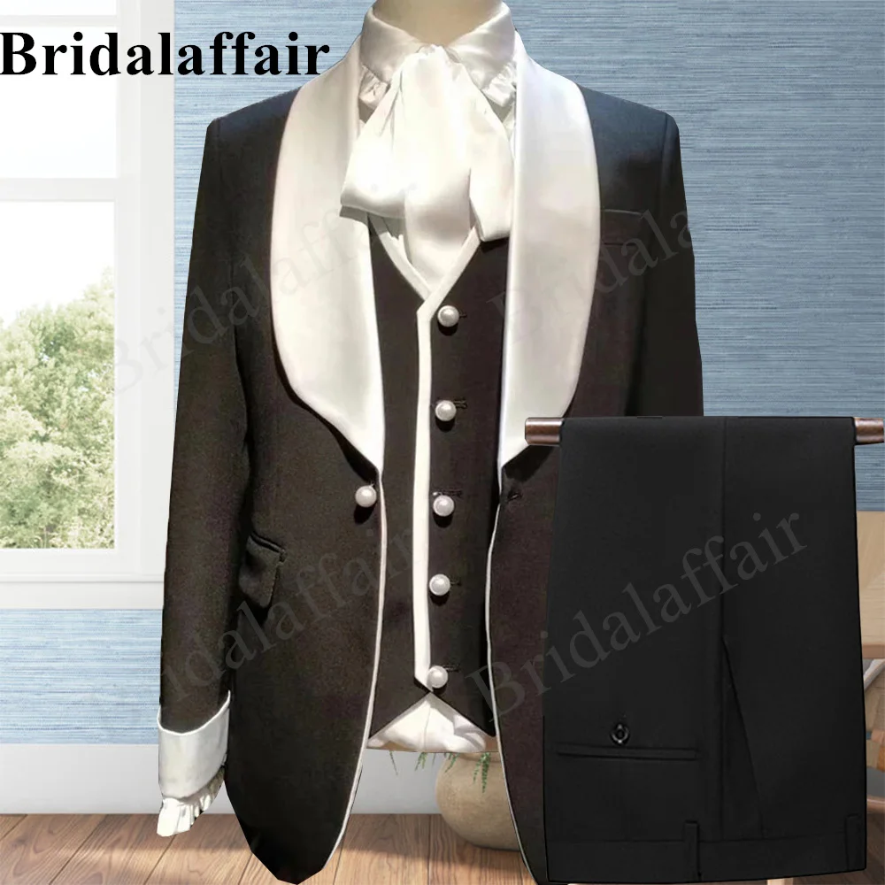 

Bridalaffair Mens Black with Pearl Buckles Wedding Slim Fit Men Suit Tuxedo for Men 3pcs Blazer Coat Pant Vest Set Costume Homme