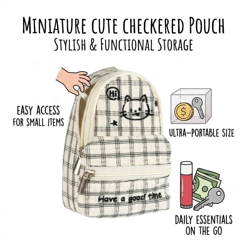 Waterproof Coin Purse Cute for Travel Accessories Cat Plaid Mini Wallet Keychain Bag Portable Gift Durable Lightweight