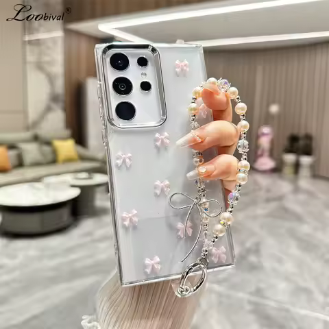 Cute Bowknot Bracelet Transparent Case for Samsung Galaxy S24 Ultra S23 Plus S22 FE A15 A16 A25 A35 A55 A13 Wrist Chain Cover