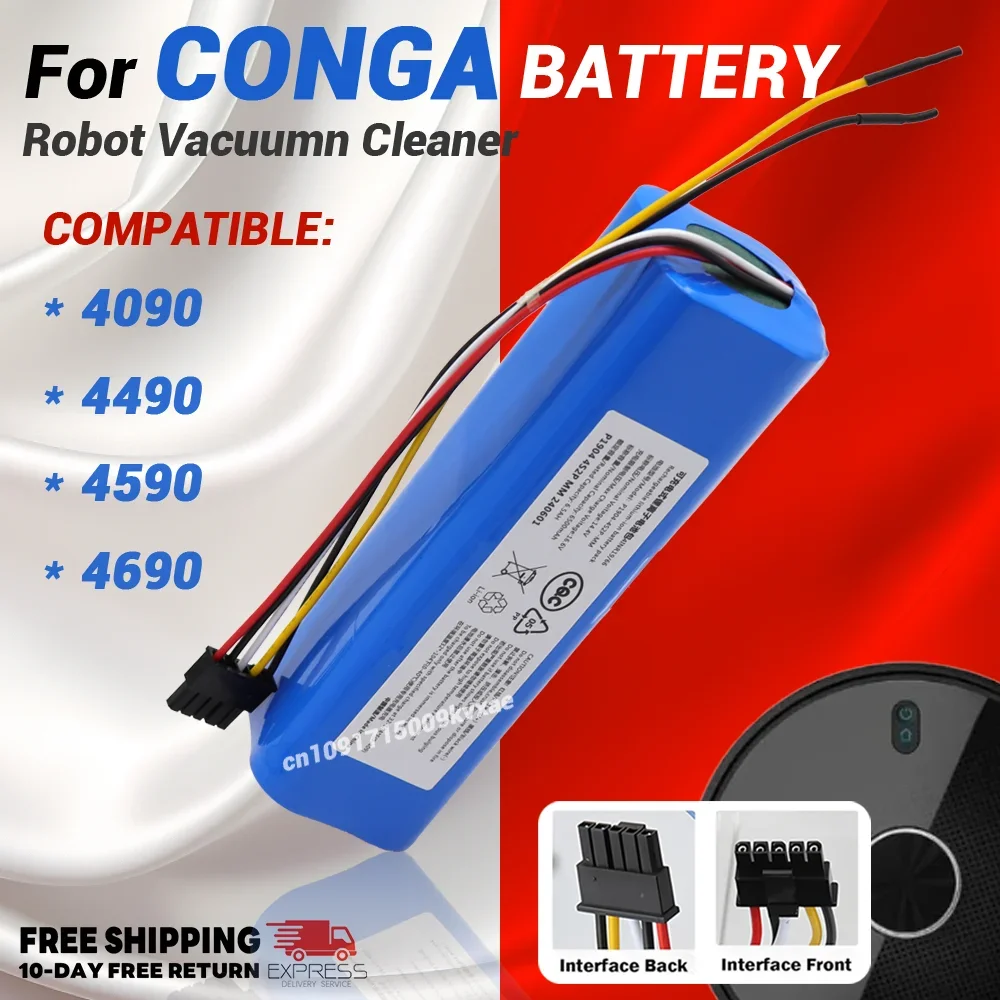 100% New 12800mAh Li-ion Battery for CECOTEC CONGA 4090 4490 4690 4590 Robot Vacuum Cleaner 14.4V 18650 4S2P Battery Packs