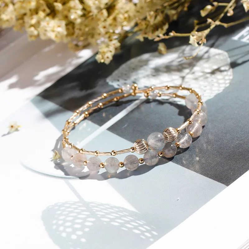 Chinese Style Lucky Gray Moonstone Dual Layer Bracelet For Women Blessing Wealth Attracting Good Fortune Healing Crystal Jewelry