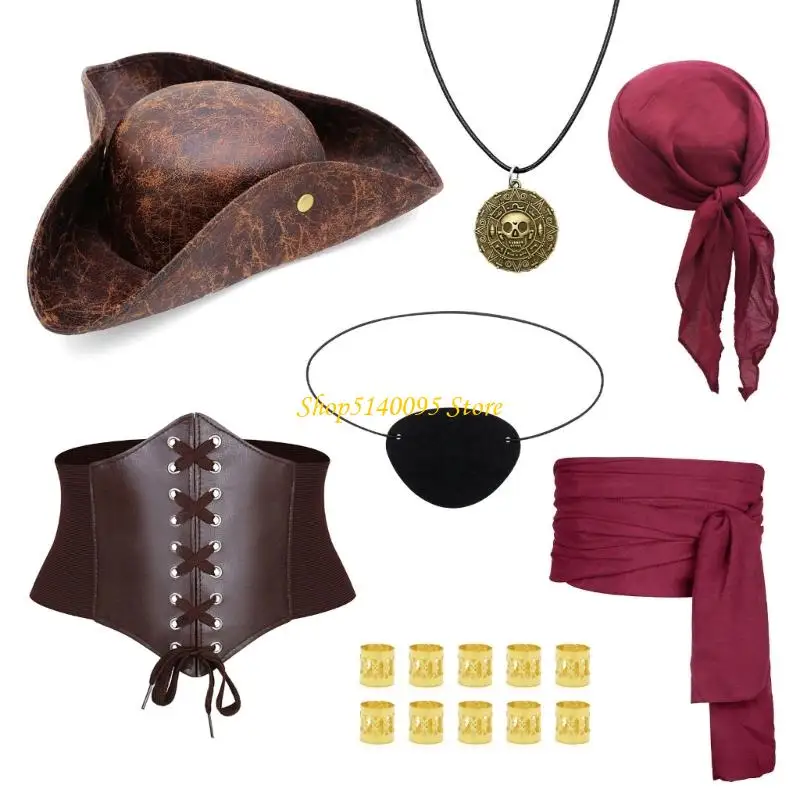 DXAE Halloween Pirate Costume Accessories Pirate Head Scarf Hat Waist Belt Eyepatches