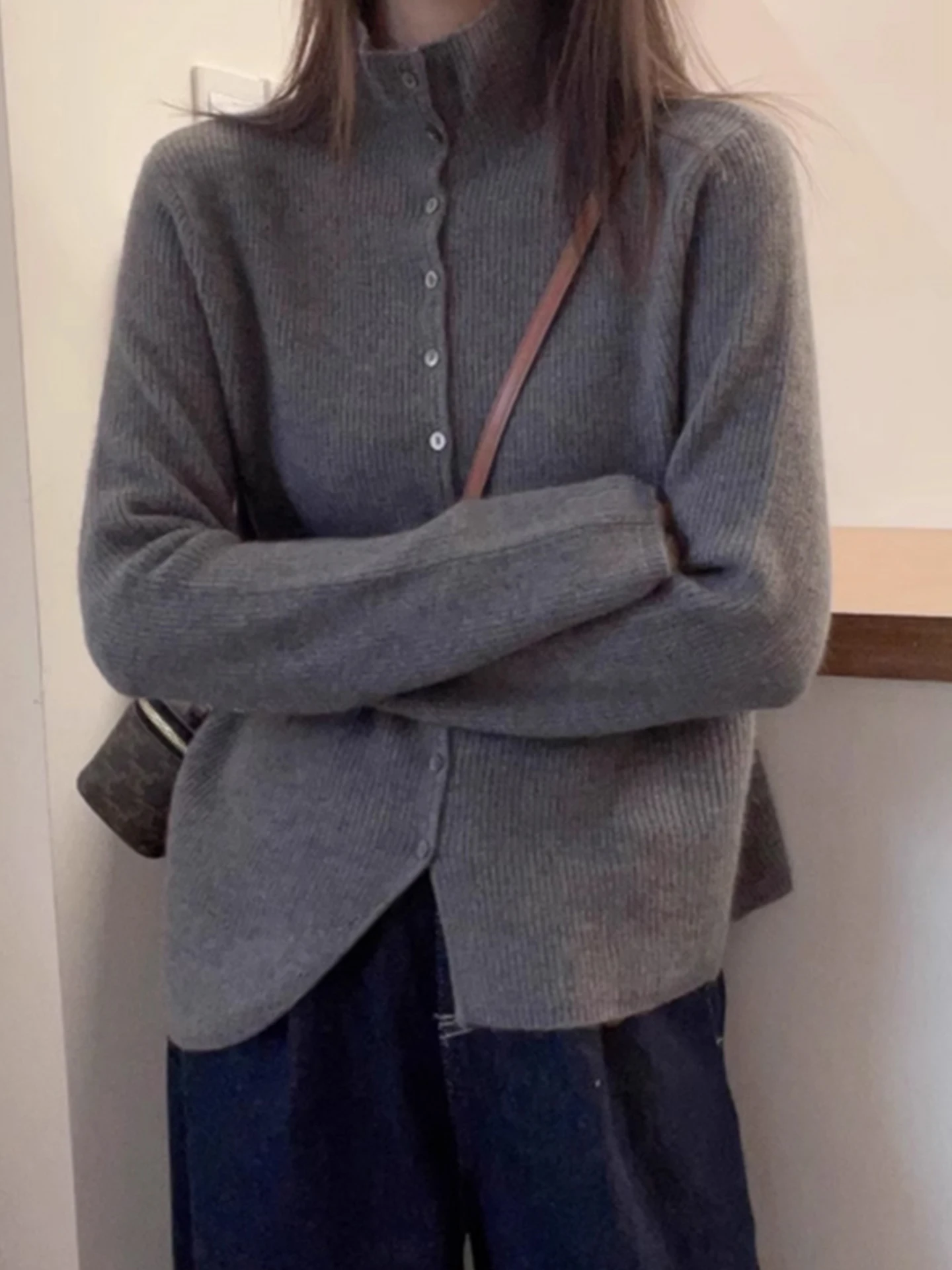 Damski sweter z wysokim kołnierzem, dzianinowy kardigan, długi sweter, modny, jesienno-zimowy, nowy, uniwersalny top.