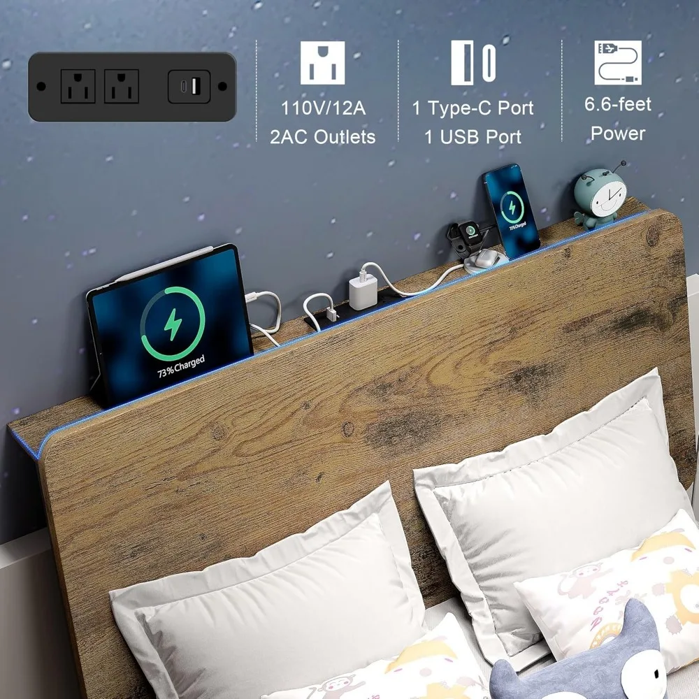 Twin Bed Frame with LED Lights, Storage Headboard & Charging Ports, Easy Assembly, Rustic Style