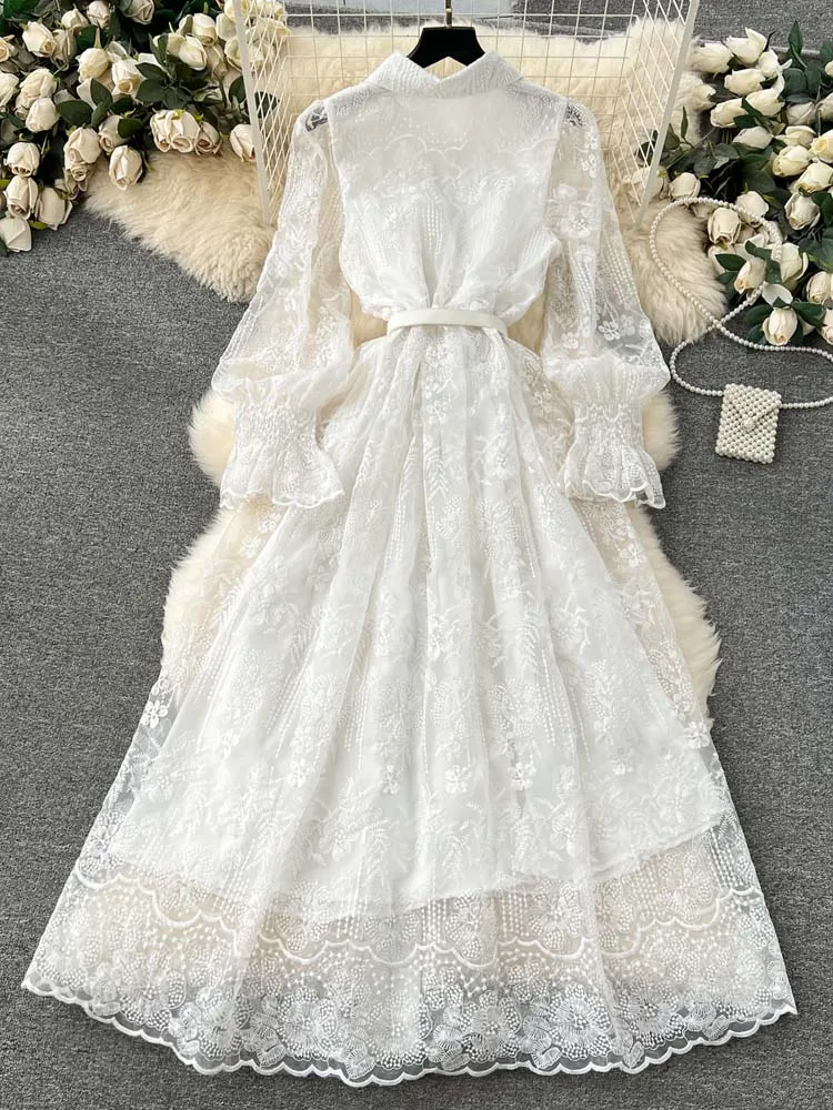 Vintage Luxury Embroidery long shirt Lace dress for women 2024 Summer Party Lantern sleeve Maxi dress White see-through 4D010