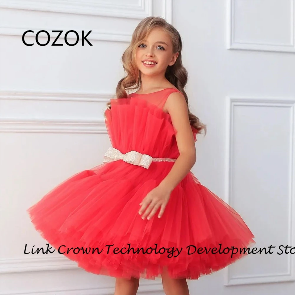 COZOK Scoop Flower Girls Dresses for Princess Soft Tulle Christmas Dresses woth Champagne Bow 2024 Summer New فستان عيد الميلاد