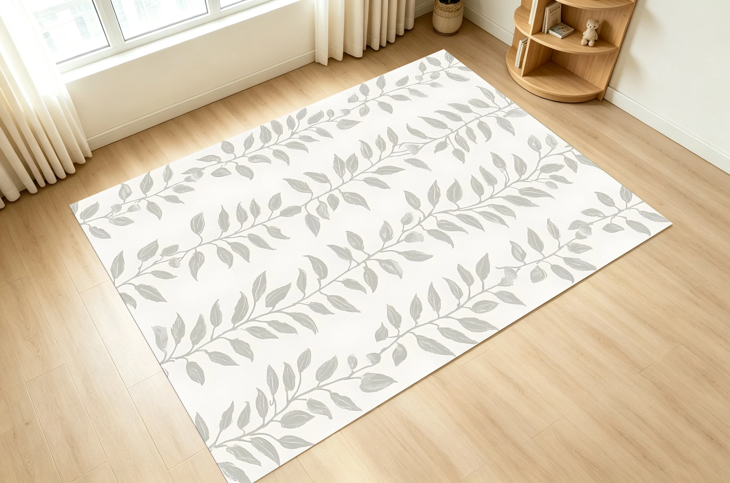 2D Off-White & Light Gray Leaf Minimalist Rug, Skin-Friendly & Soft, for Living Room & Bedroom, Enhancing the Space