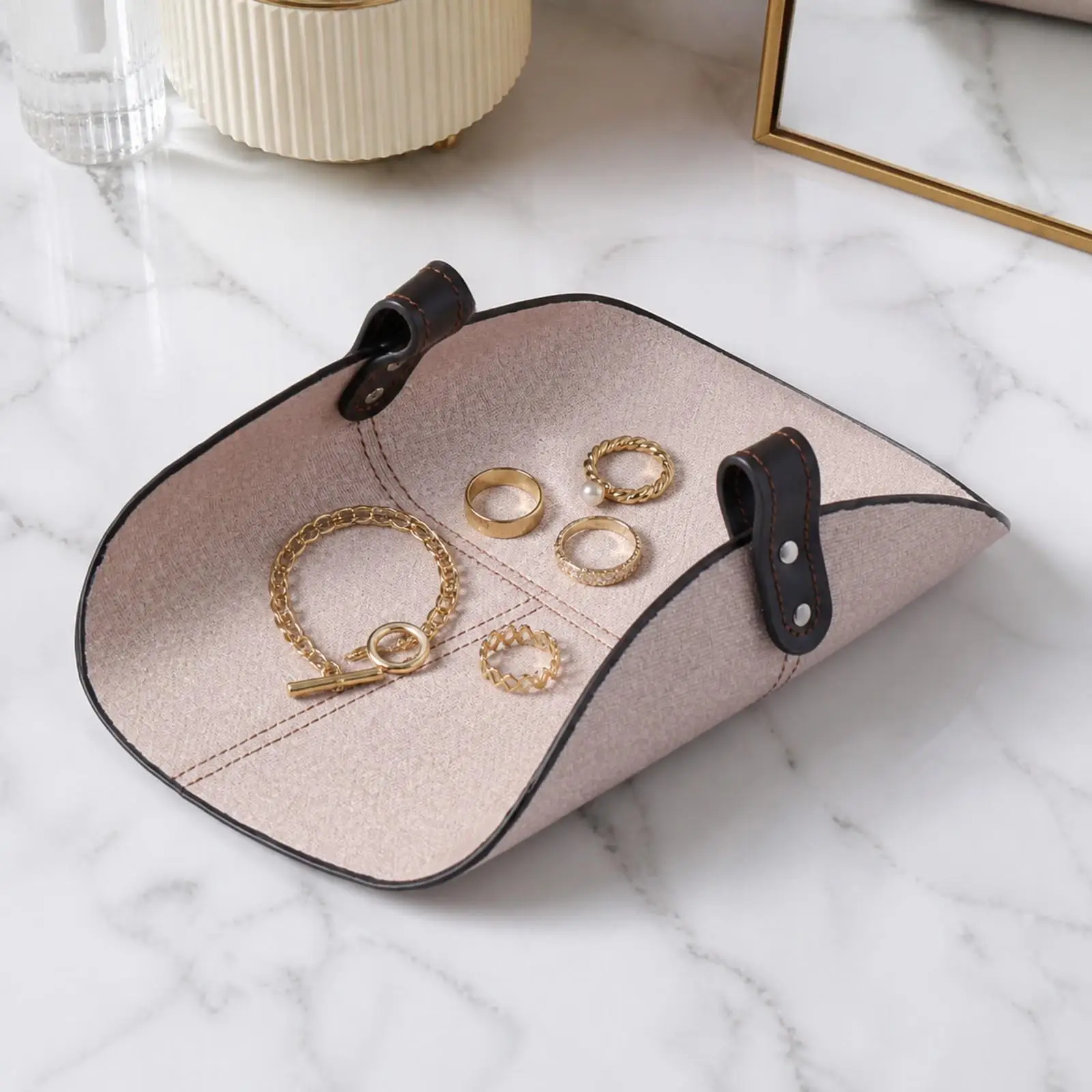 Geometric PU Leather Catchall Tray for Jewelry Organizer with Raised Edge for Bedroom Entryway Tabletop Storage
