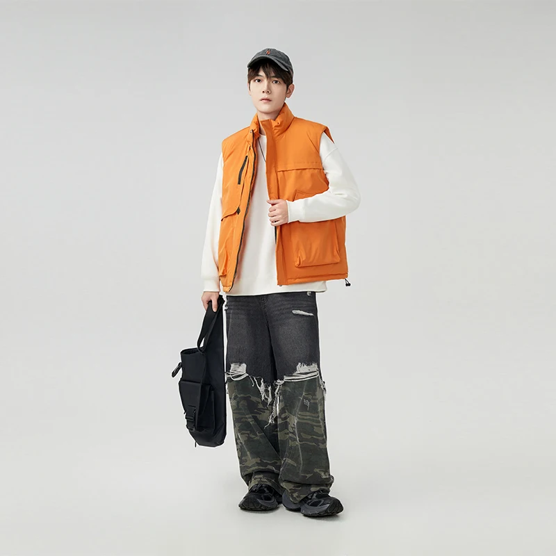 Gilet à col montant de couleur unie, grande poche, vêtements de travail, gilet en coton épais, nouveau manteau confortable à la mode, automne hiver