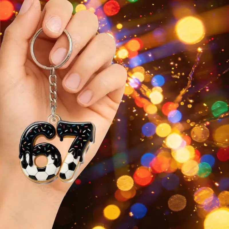 2D Flat Acrylic Keychain With Cute Blue Icing Donut Number 67 Badminton Pattern For Badminton Lovers Daily Use Birthday Gifts