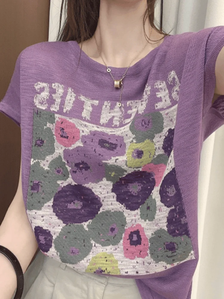 تي شيرت فضفاض من الحرير الجليدي ort Sve تي شيرت مستدير Ne مطبوع للنساء مضاد للشيخوخة علوي irt عصري كوري Sle للتنقل #1