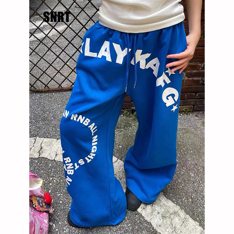 กางเกงวอร์มพิมพ์ลายดาวสีเทาสำหรับผู้หญิง ยี่ห้อ ZHIZOU ทรงหลวม สไตล์ฮาราจูกุ ยุค 2000 วินเทจ Y2k ขาบานทรงโอเวอร์ไซส์