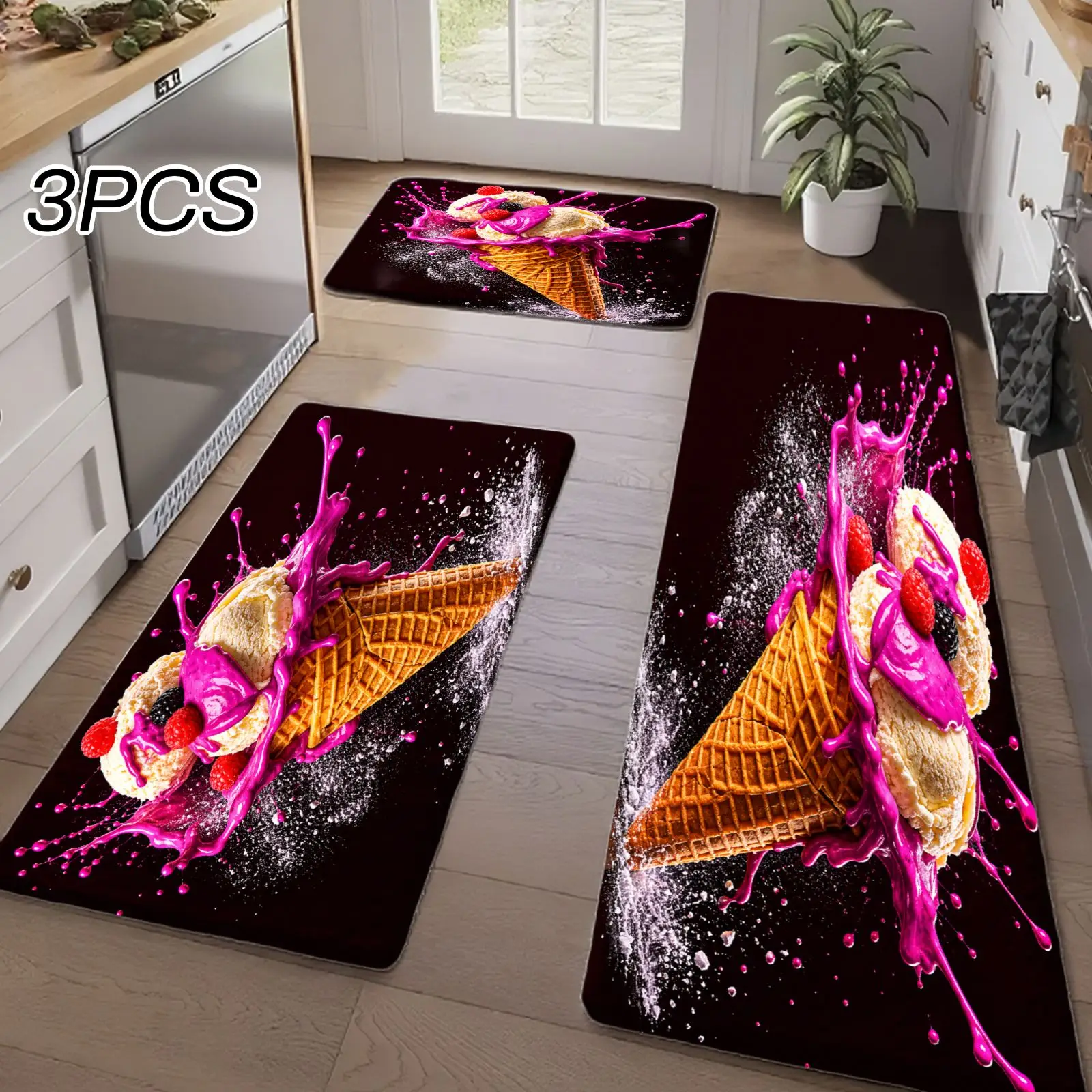 3PCS Kitchen Rugs,Home Decoration for Front Door, Kitchen, Bathroom, Ice Cream Cone With Pink Splash And Berries Dining Mat