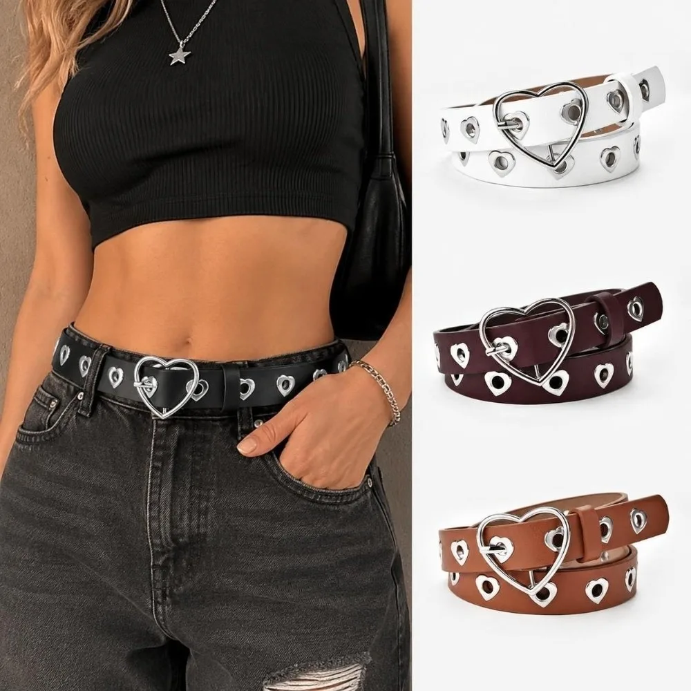 Cool Hollow Heart Eyelet Heart Buckle Belt Adjustable Punk Decorative Waist Belt Versatile Faux Leather Belt For Casual Dresses