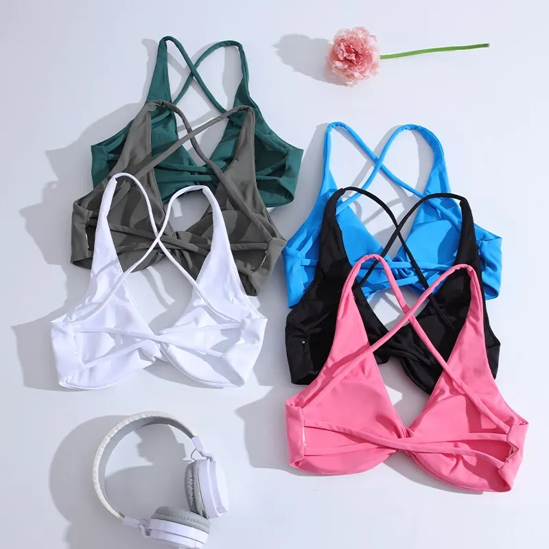 Cross Back Sport Bra Pleated Design Fitness Underwear Women Naked Feeling Athletic Tank Top Sexy Hollow Workout Vest