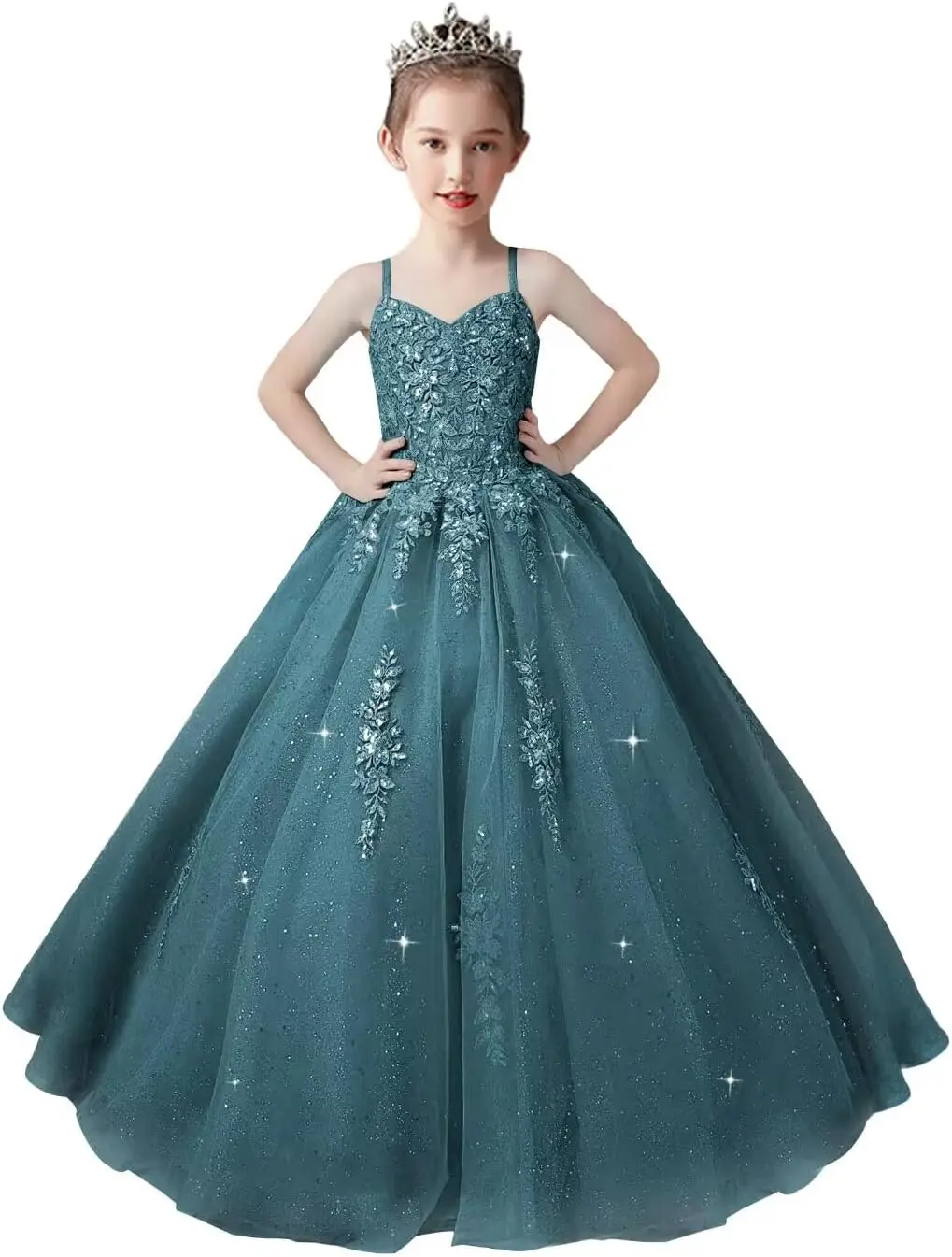 

Lace Applique Tulle Pageant Gowns for Girls Ball Gown Flower Girl Dress Princess Toddler Kids Prom Dress ball gown