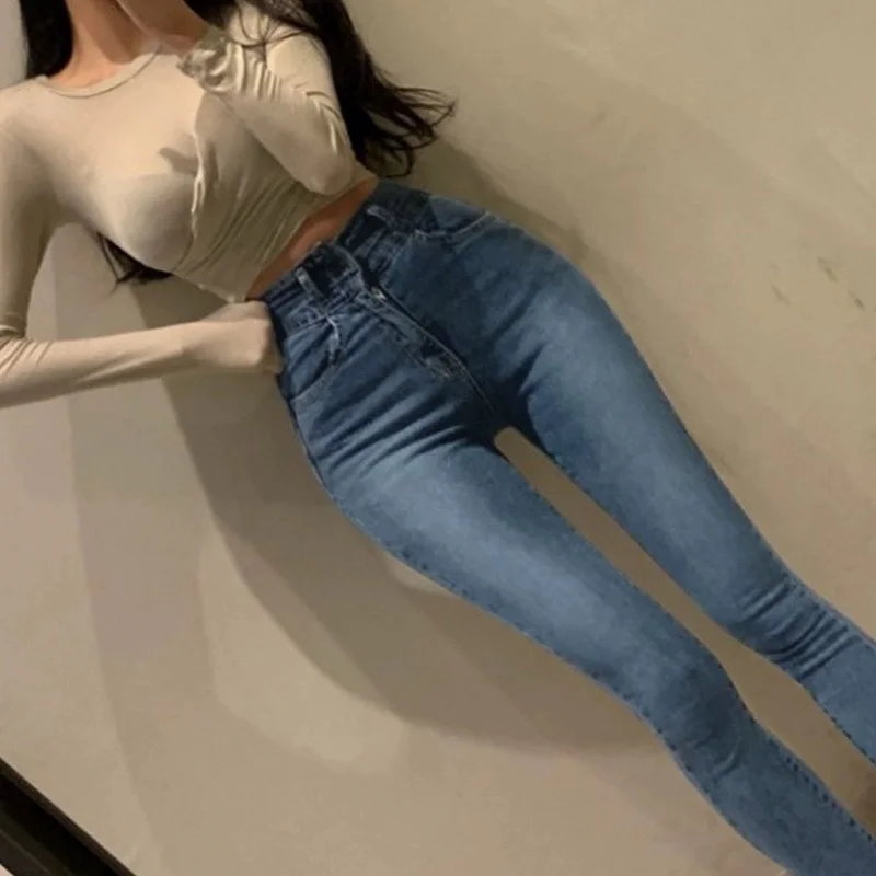 

Sexy Two-Button High-Waist Slim-Fit Jeans Women's High Waist Tummy Control Butt Lifting Cotton Stretch Denim Pants