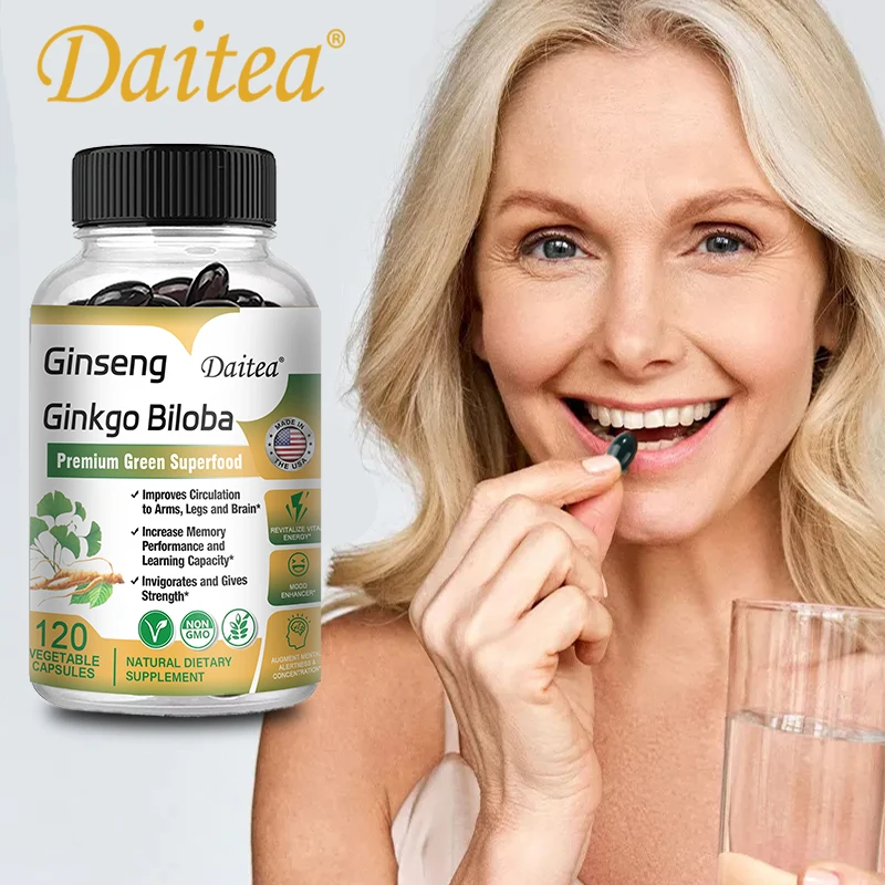 Ginseng + Ginkgo Biloba Capsules - Premium non-gmo/Vegan Superfood tradisional peningkat energi dan suasana hati