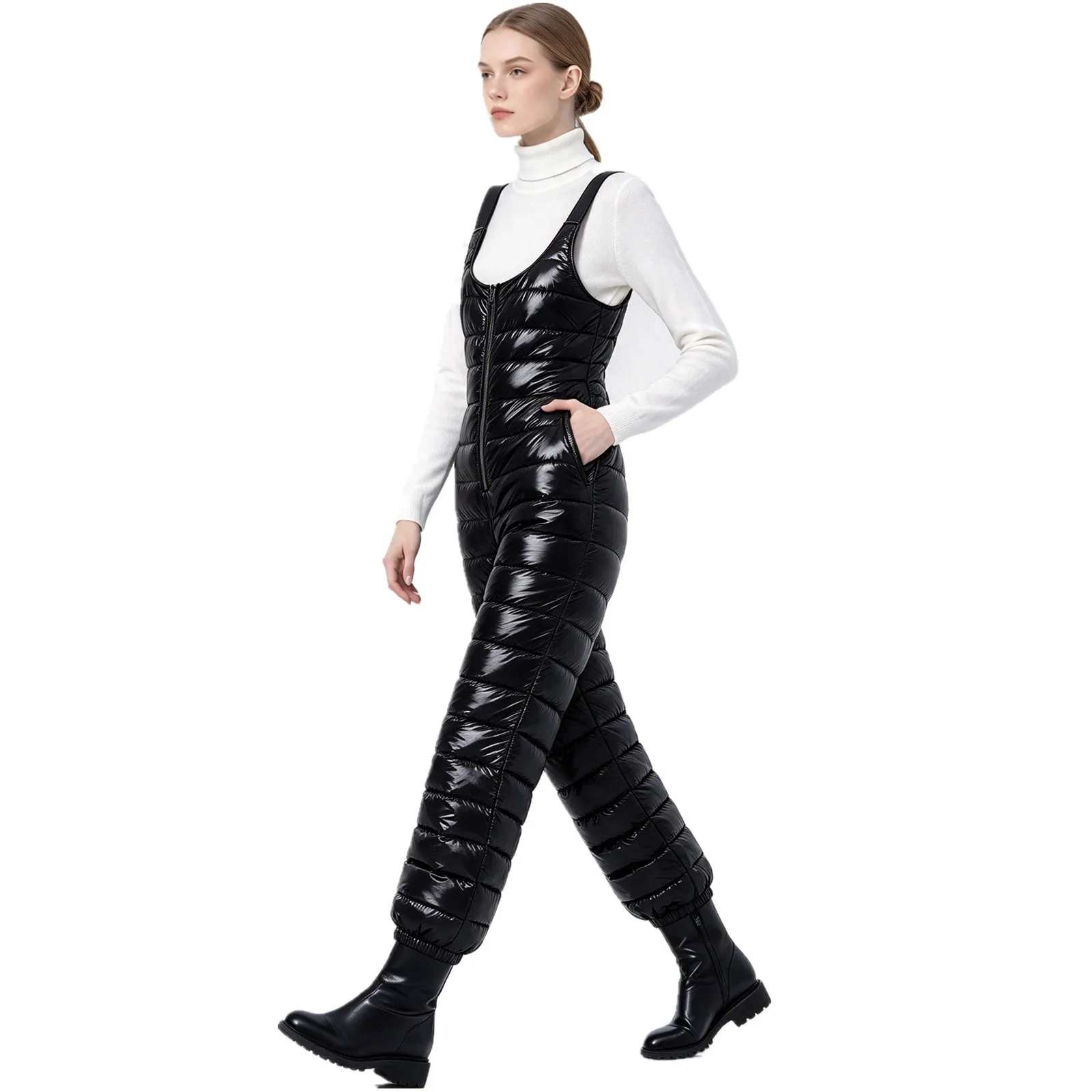 Women Quilted Puffer Waterproof Bib Overalls Elastic Straps Zipper Warm Padded Jumpsuit with Pockets Skiing Snowboard Clothing