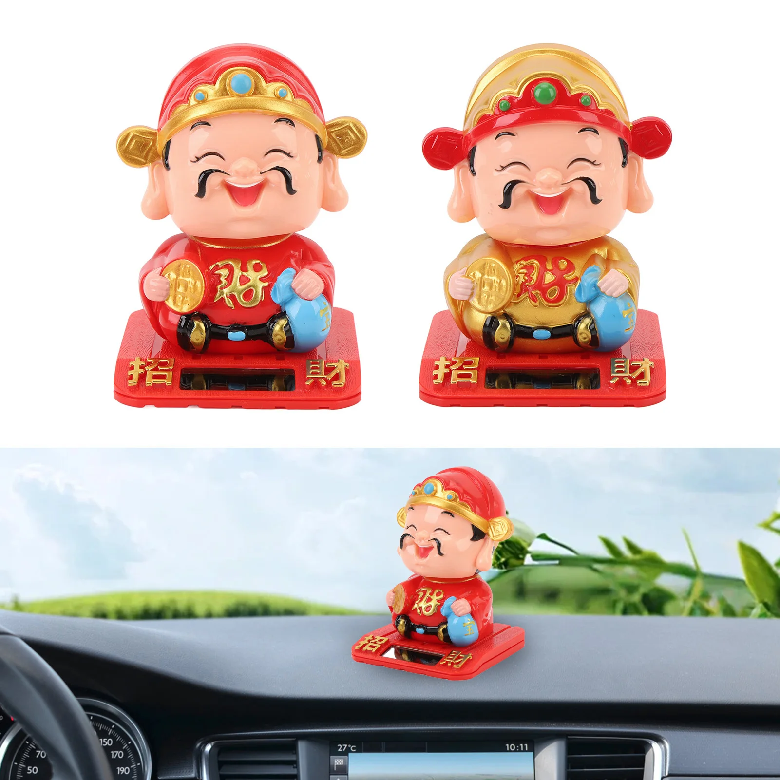 Cai Shen Statue Light Sensing Automatic Nodding Cai Shen Figurine for Office Car Dashboard Hotel