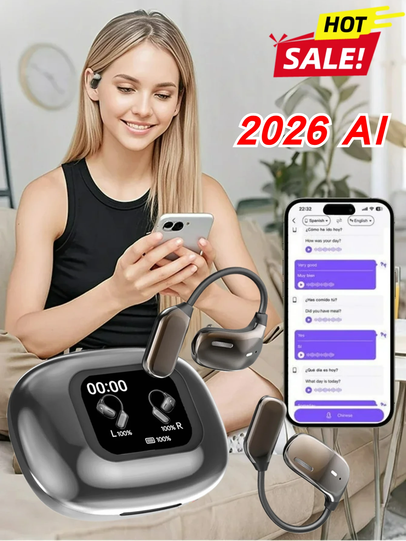 2026 AI مترجم سماعات أذن ترجمة في الوقت الحقيقي 144 لغة سماعة لاسلكية تعمل بالبلوتوث حر اليدين تسجيل الاجتماعات الذكية للسفر