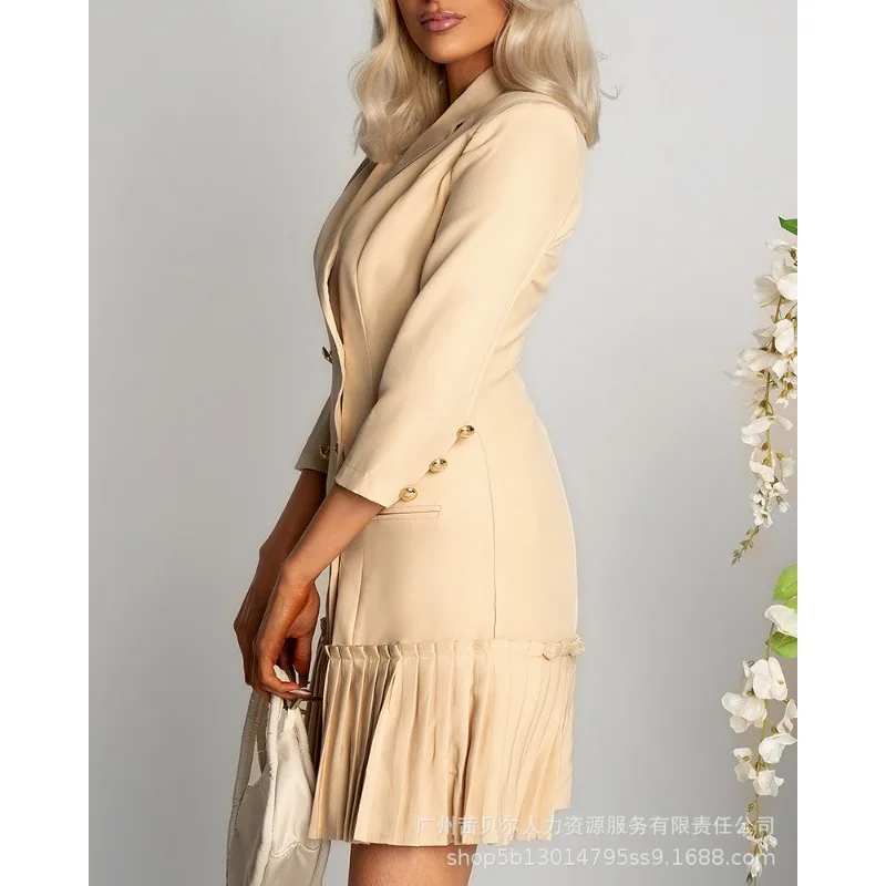 New Women Solid Color Pleated Stitching Double Breasted Dress 2023 Autumn Winter Dress Women Long Sleeve Turn-down Collar Blazer